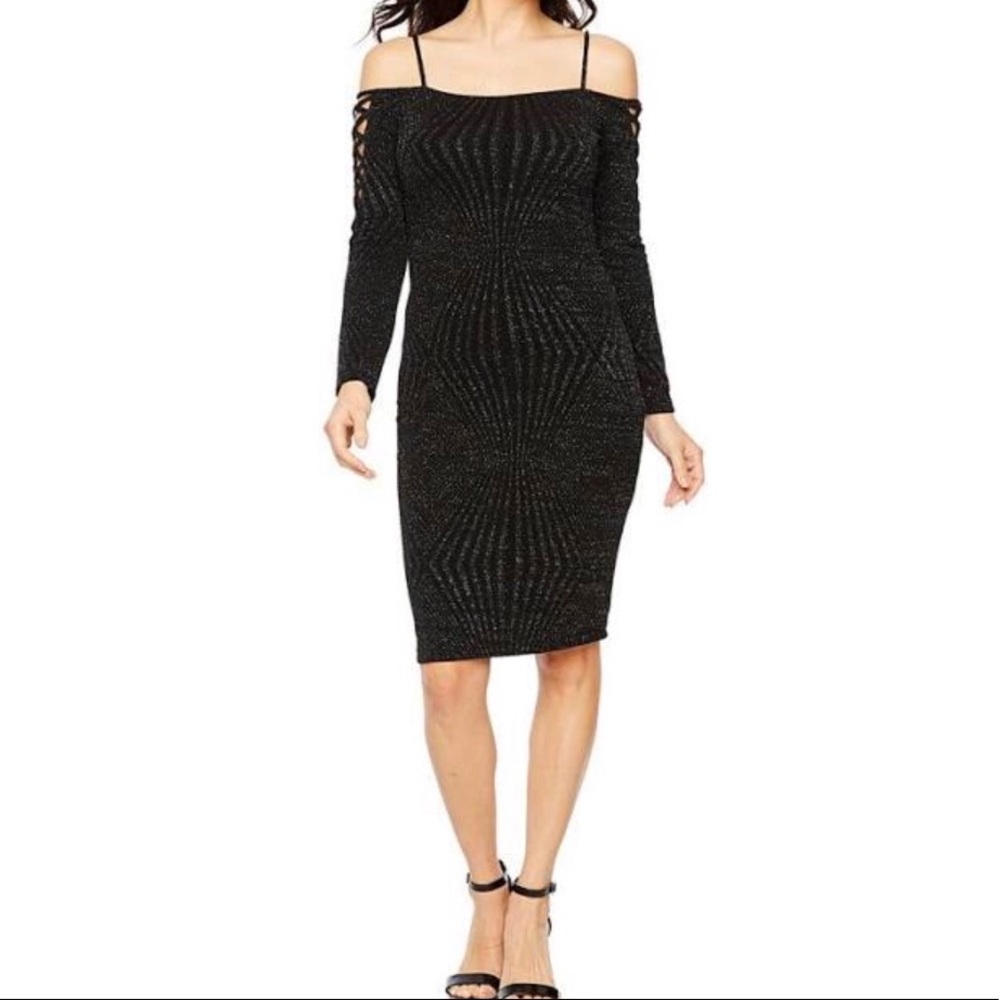 Long Sleeve Cold Shoulder Shimmer Sheath Dress